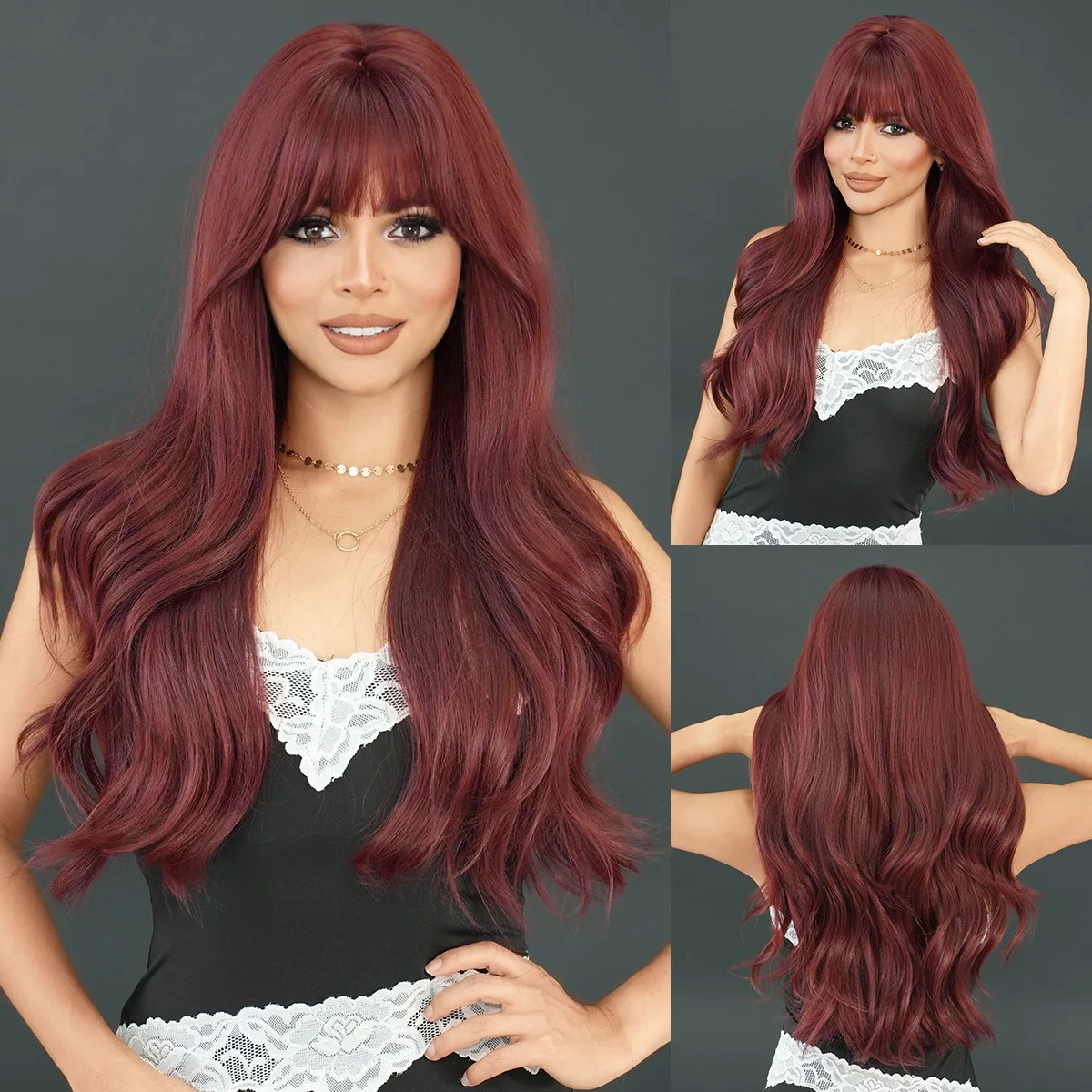 

Natural Synthetic, Long Wavy Red Wigs with Bangs for Women, Heat Resistant, Daily Cosplay Hair Wig, Dark Red