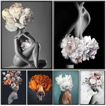 Pittura su tela Wall Art Donne e fiori Stampa astratta la ragazza con fiori sulla testa Surrealismo Immagina Poster Room Decor
