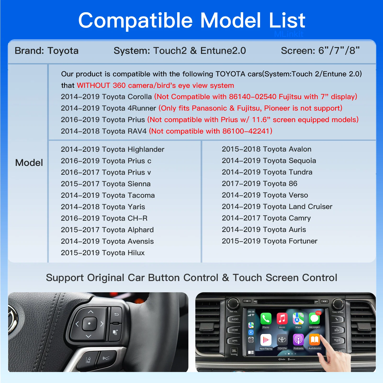 TOYOTA CHR Corolla Camry Auris prius RAV4 Avensis Highlander Touch2 Entune 2.0  ڴ    Carplay ȵ̵ Auto