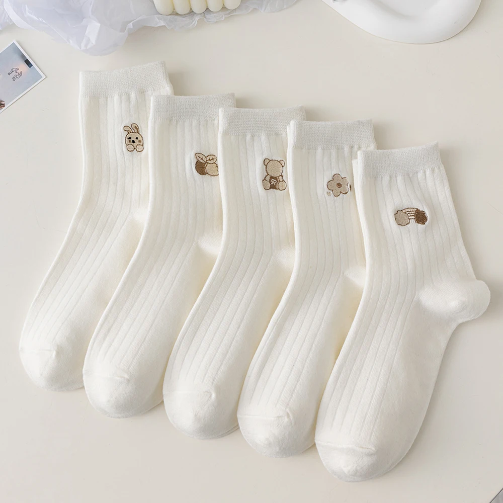 Medium Length Socks Cartoon Pattern Kawaii Medium Length Socks for Women's Japanese Harajuku Style White Autumn and Winter Versatile Girls' Socks