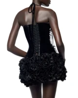 Black Red Women Sexy Strapless Laced-up Tops 2 Pieces Florals Bodycon Mini Bandage Dress Celebrate Nightclub Party Stage Wear - Image 3