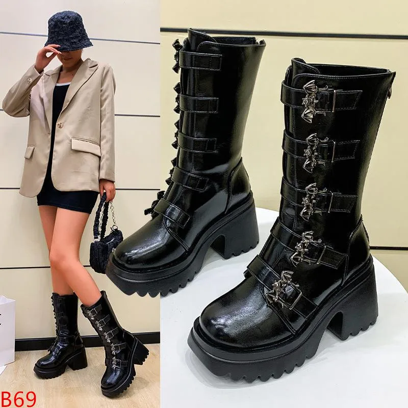 

European and American New Black High Barrel PU Artificial Thick Sole High Heel Women's Boots with Back Zipper Large Stage Boots