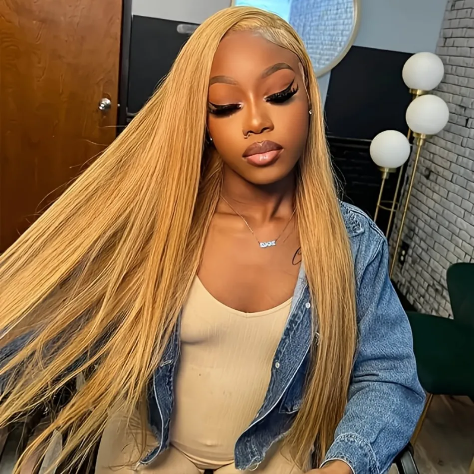 27 Honey Blonde Wig Straight 13X6 Hd Lace Frontal Wig 13X4 Human Hair 220 Density 38 In Colored Pre Plucked Brazilian Hair Wigs 2