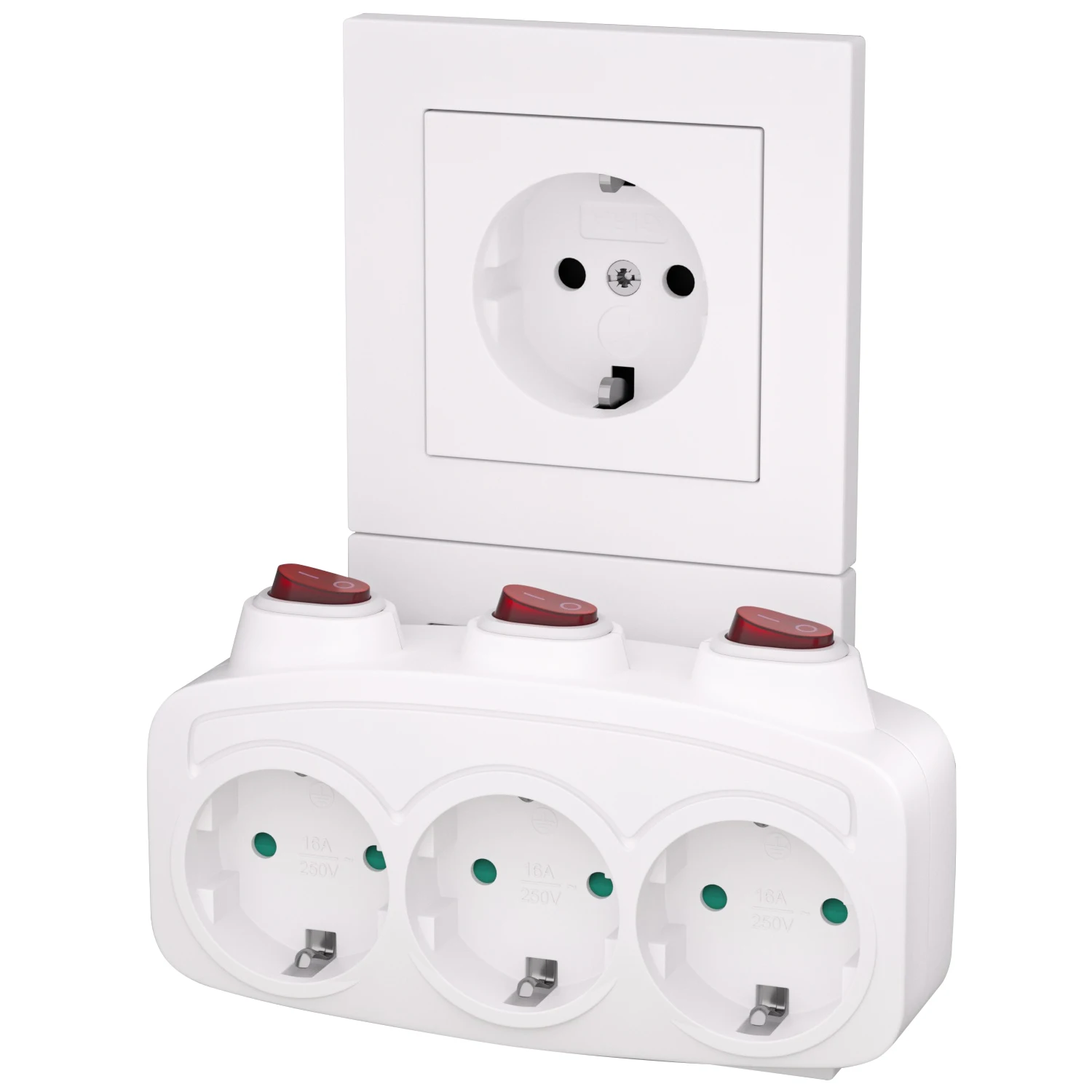 Multipresa a 3 prese a spina piatta | Blocco multipresa piatto con interruttore e cavo di estensione 2 m | Presa multipla compatta a spina piatta | 3 prese europee (bianco