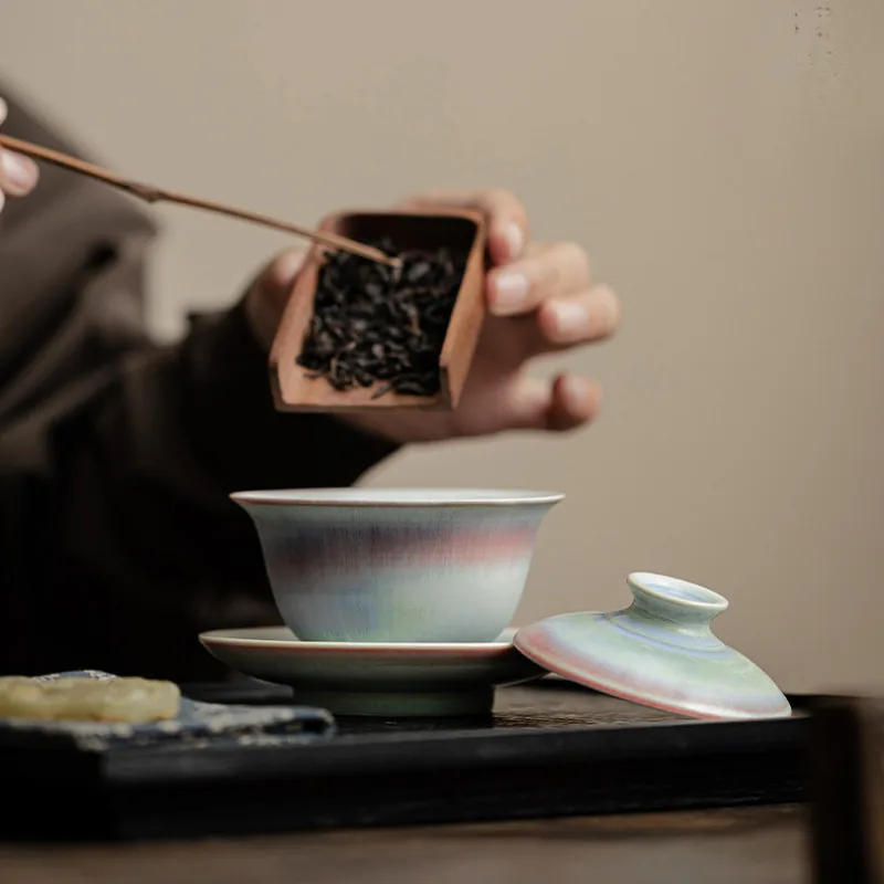 150ML Aurora Kiln Change Gaiwan Boutique Red Blue Glaze Sancai Tea Tureen Tea Maker Cover Bowl Chinese Tea Set Collection Craft