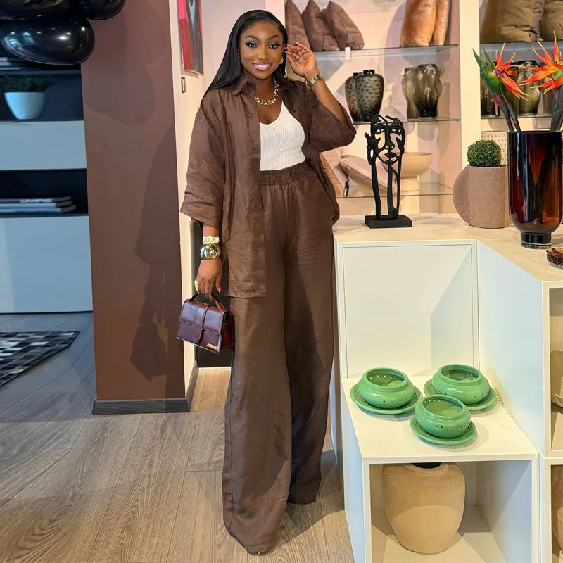 طقم كتان قطني من قطعتين للنساء ، قميص فضفاض كبير الحجم وسراويل طويلة ، بدلة مكتب غير رسمية للسيدات ، أكمام طويلة ، الربيع والصيف