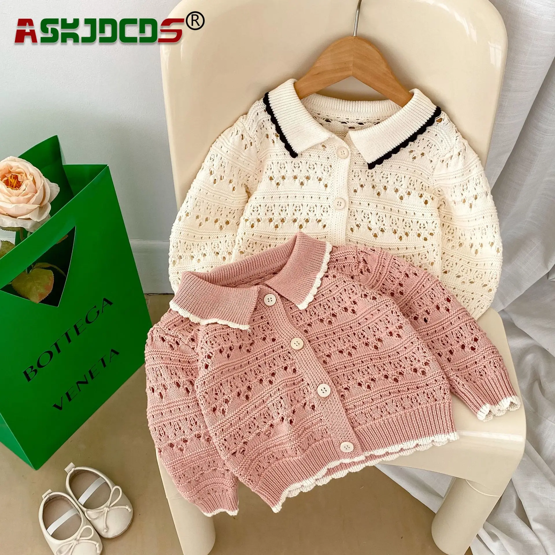 

2023 Autumn Infant Baby Girls Full Sleeve Turn-down Collar Single-breasted Knitted Sweater Hollow-out Coat Trendy Toddlers