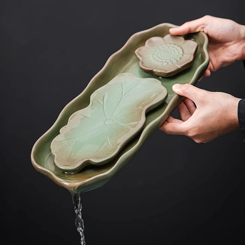 Lotus Shaped Tea Tray, Home New Small Dry Brewing Table Japanese Tea Table Retro Accessories Drainage Storage Style Kung Fu, 1Pc