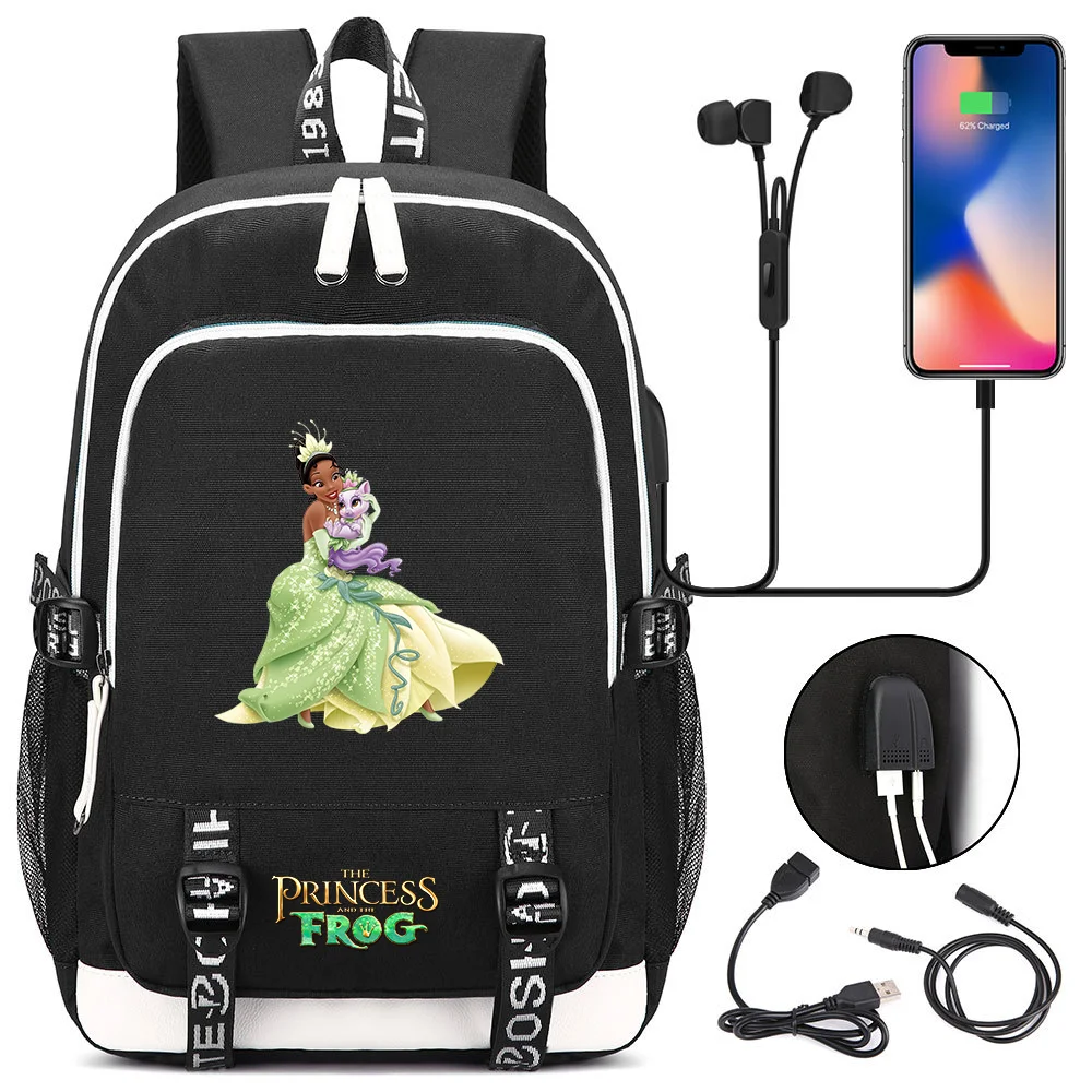 

Disney The Princess and the Frog Backpack Boys Girls USB Charging Laptop Backpack Cartoon Students Book Bag Travel Mochila