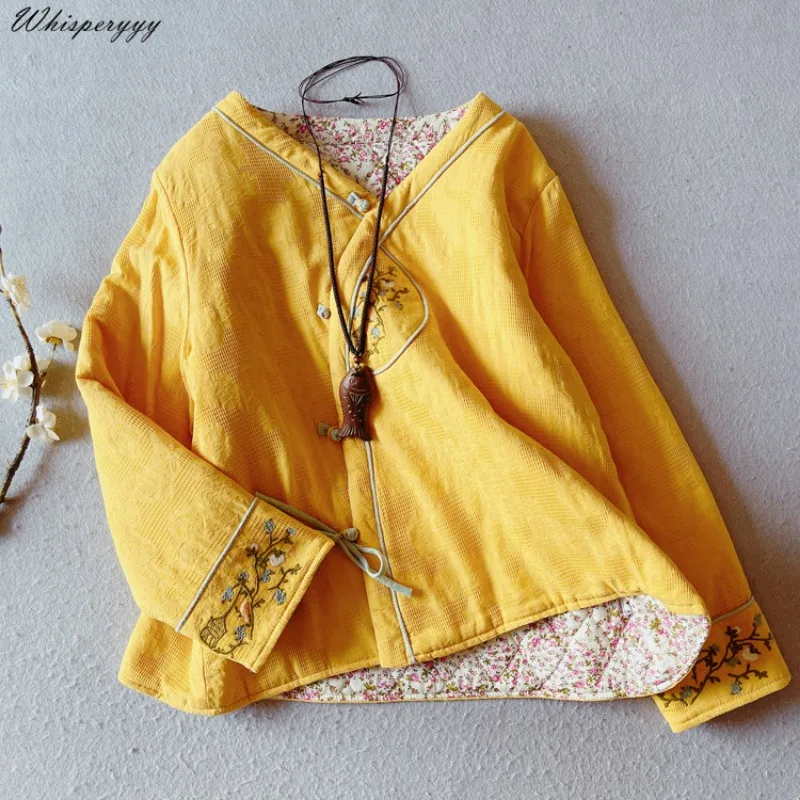 Chinese Style Embroidery Vintage Cotton and Linen Coat Women's Winter Hanfu Tops