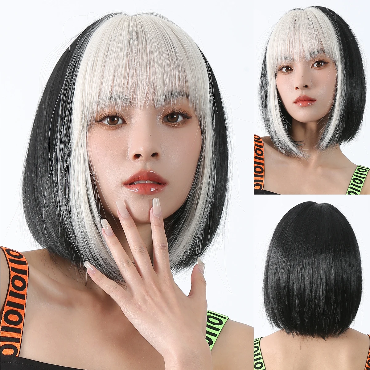 

Short Straight Black Mixed White BoBo Synthetic Wigs with Bangs Natural Hair Wig for Women Heat Resistant Daily Use Cosplay Hair