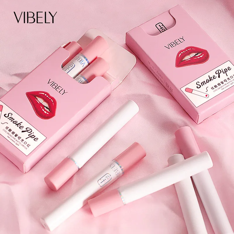 4Pcs/set Cigarette Shape Smoke Tube Lipstick Matte Waterproof Long-lasting Nonstick Cup Velvet Red Sexy Lip Tint Cosmetics Set |