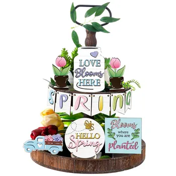 Spring Farmhouse Tiered Tray Decor Set Wooden Tiered Tray Mini Rustic Farm Decorations Home Decoration Accessories Free Shipping 3