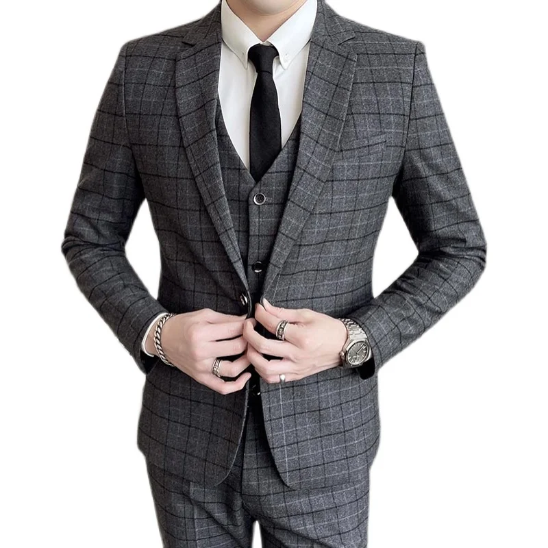 

2022Jacket+vest+pants Plaid two-color single-breasted fashion suit four seasons casual business suit three-piece suit