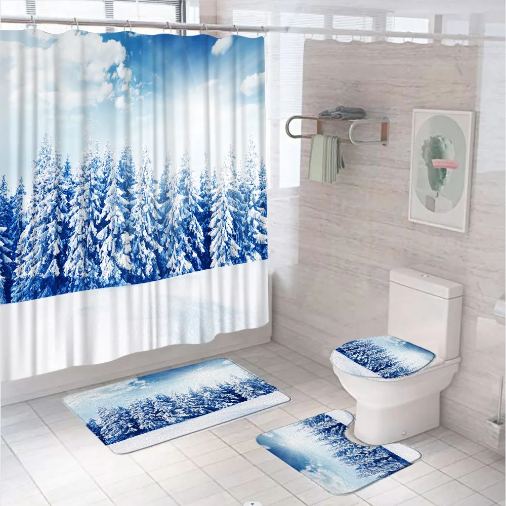 

Winter Forest Shower Curtain Set Cedar Tree Sunset Forest Cloud Country Nature Landscape Bath Mat Bathroom Rug Toilet Seat Cover