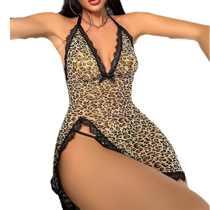 

Hot Sale Hollowed Out Lace Nightdress Sexy Leopard Fun Night Dress Women Nightgown Lingerie Dress Spaghetti Strap Sleep Dress