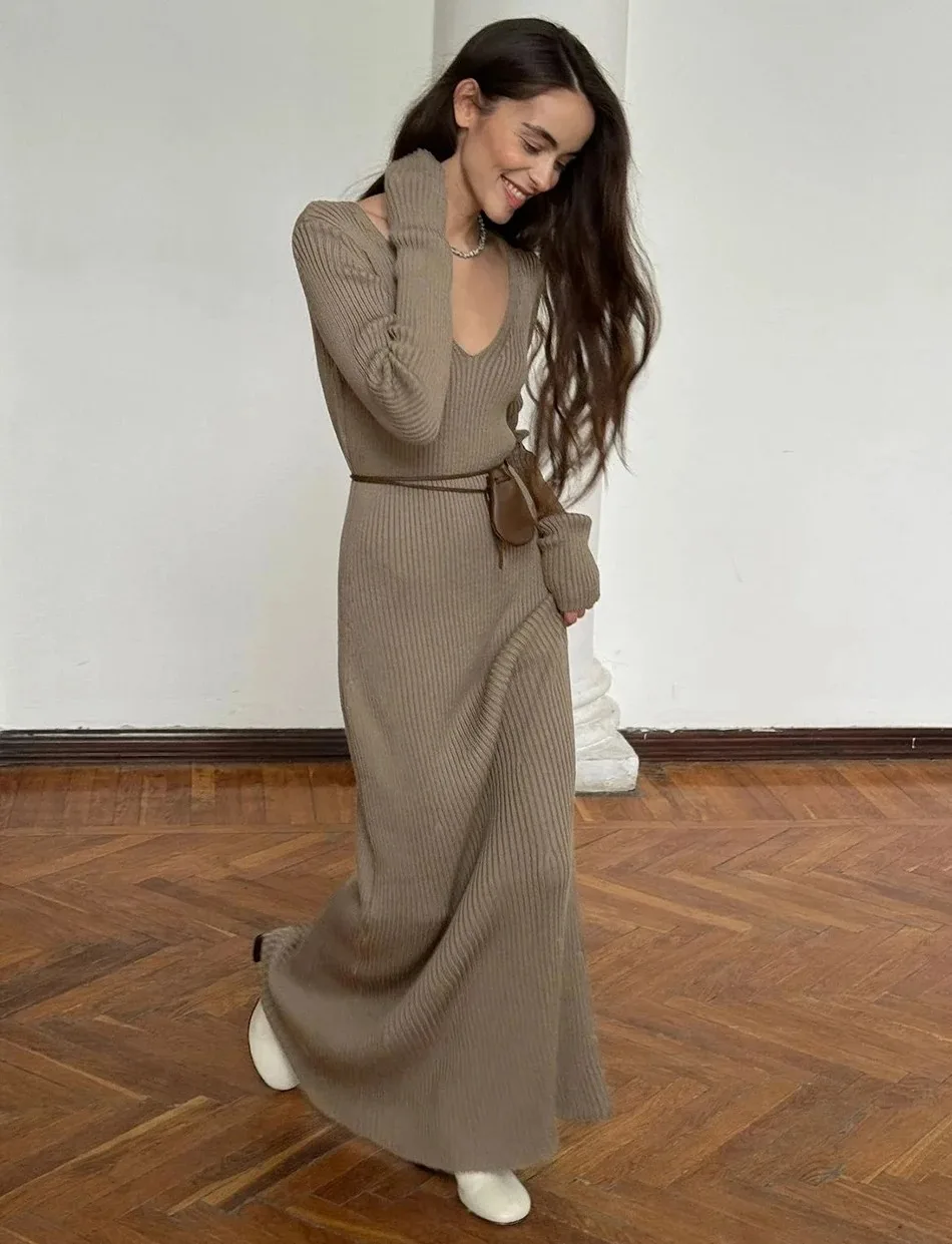 Elegant Womens Winter Knitted Midi Dress - V Neck A-line Long Sleeve Casual Vintage Brown