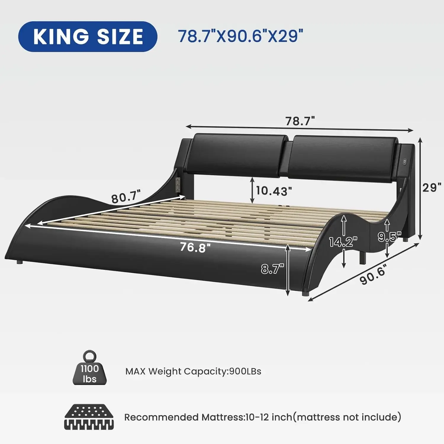 King Bed Frame with Charging Ports and Headboard King Size Platform Bed Frame with LED Lights Wave Like Curve King Led Bed 2