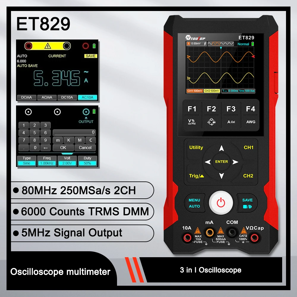 

TOOLTOP ET829 250MSa/s 80MHz Digital Storage Oscilloscope Multimeter Signal Generator 3 in 1 Electronic Automobile Power Repair