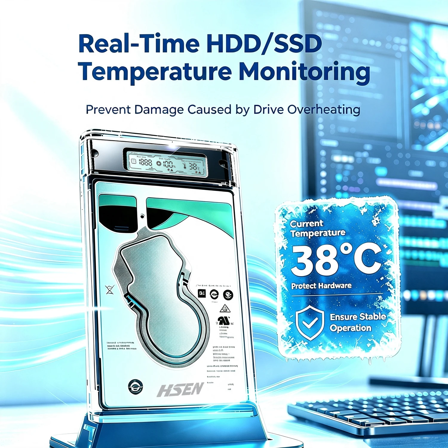Transparent USB 3.0 HDD/SSD Enclosure with Smart Display and Health Monitoring