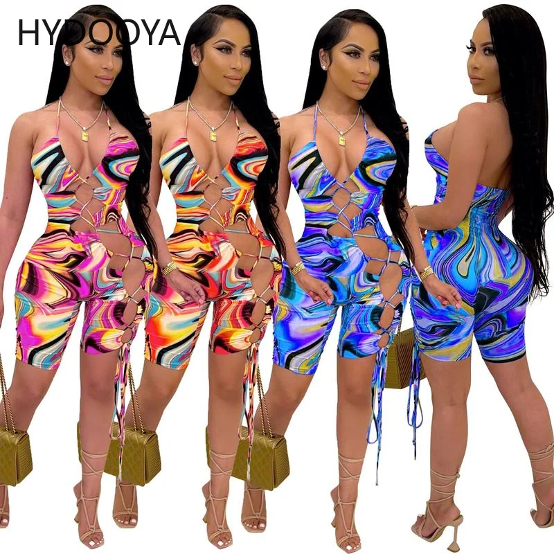 2022 Sexy Women Deep V-neck Jumpsuit Sleeveless Halter Backless Hollow Playsuit Rompers Sports Tie Dyeing Print Lace-up Jumpsuit