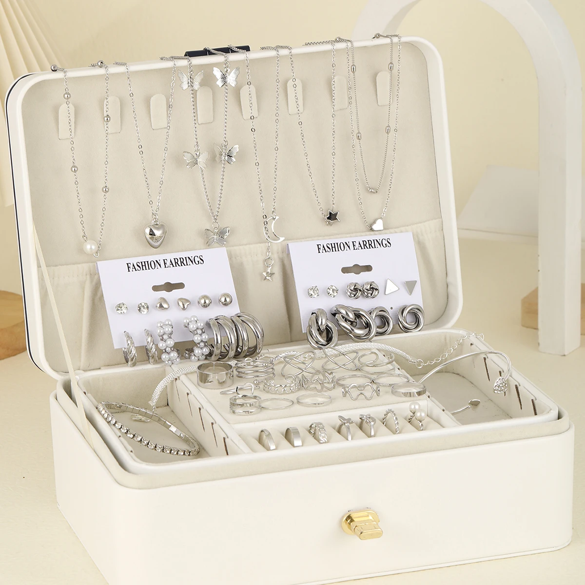 53 Pcs Boho Vintage Jewelry Sets For Women Elegant Silver Color Pearl Zircon Geometric Earring Ring Necklace Bracelet Daily Wear