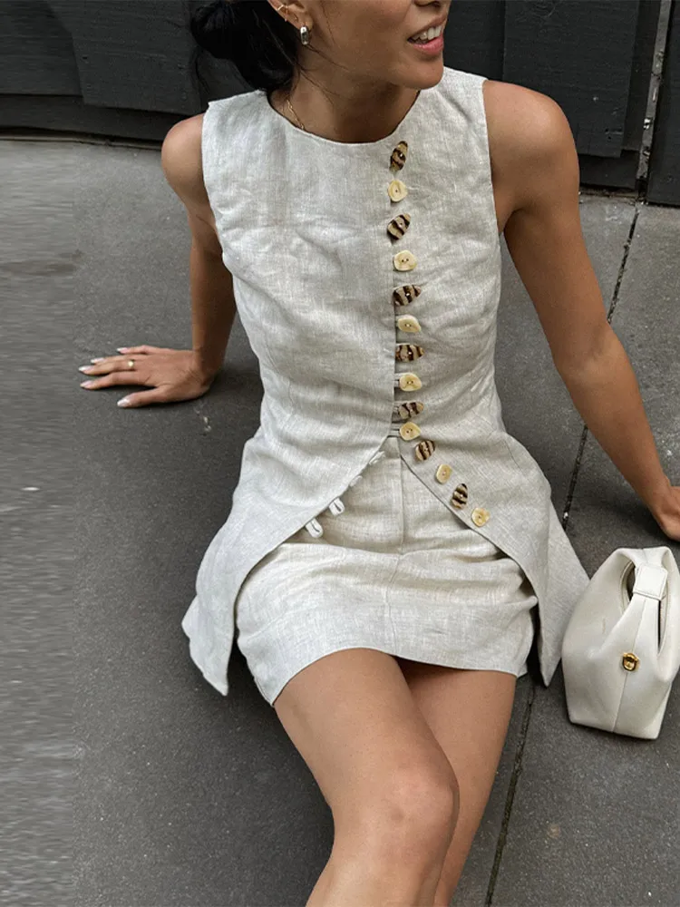 Cotton Linen Vest Mini Skirts Suits Women O Neck Single Breasted Lace Up Sets Female 2025 Spring New Soft Solid Sets 2 Pieces