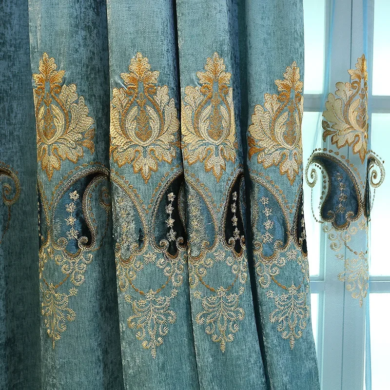 High-end European Embroidered Chenille Curtains For Bedroom Living room Villa Luxury Blue Blackout Window Treatment Customized