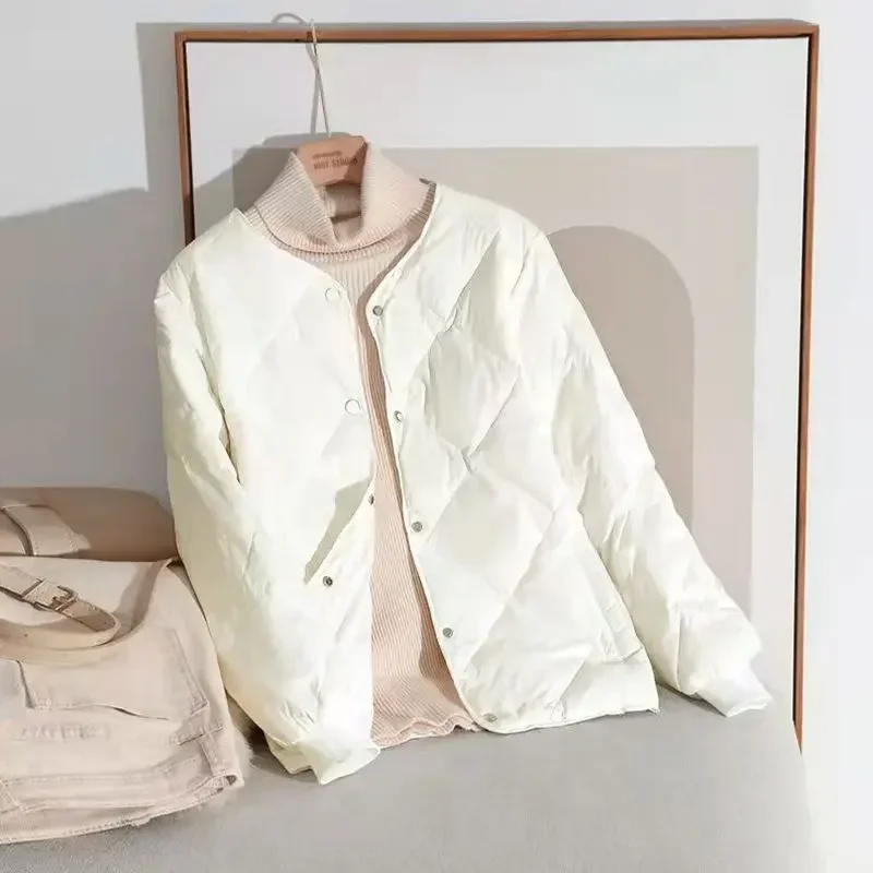 여성용 짧은 흰색 코트 크롭 재킷, 퀼트 패딩, 두꺼운 패딩 깃털, 경량 퍼퍼, 겨울 무료 배송