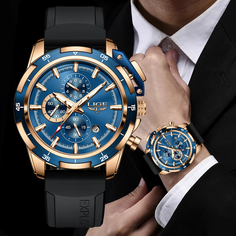 LIGE Luxury Men Watch High Quality Waterproof Chronograph Luminous Men's Wristwatch Silicone Men Quartz Watches Casual Clock+Box