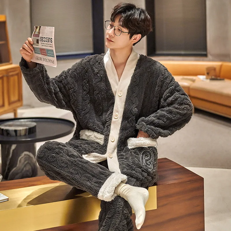 Winter Men's Flannel Pajamas Set V-neck Coral Velvet Cardigan Plush Thickened Warm Home Clothing Loose Casual Sleepwear