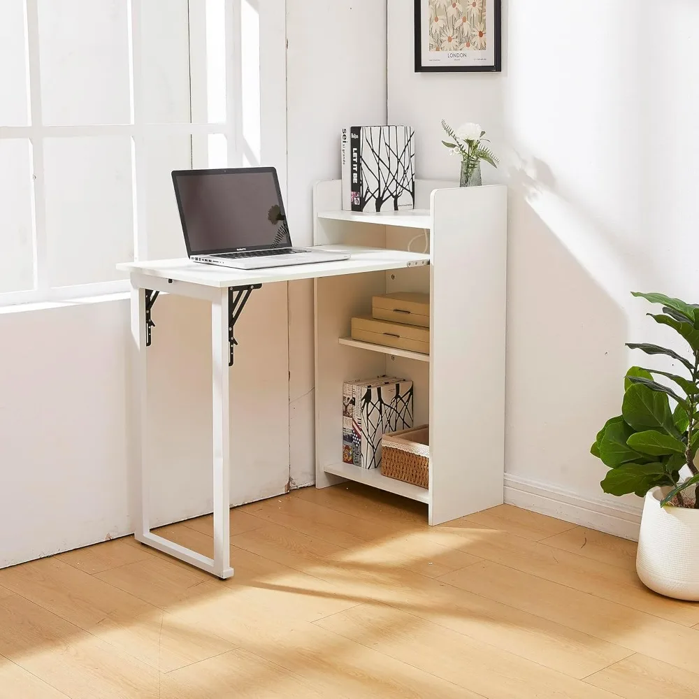 Space-Saving Foldable Desk with Storage and Integrated Outlet for Compact Home Offices and Bedrooms