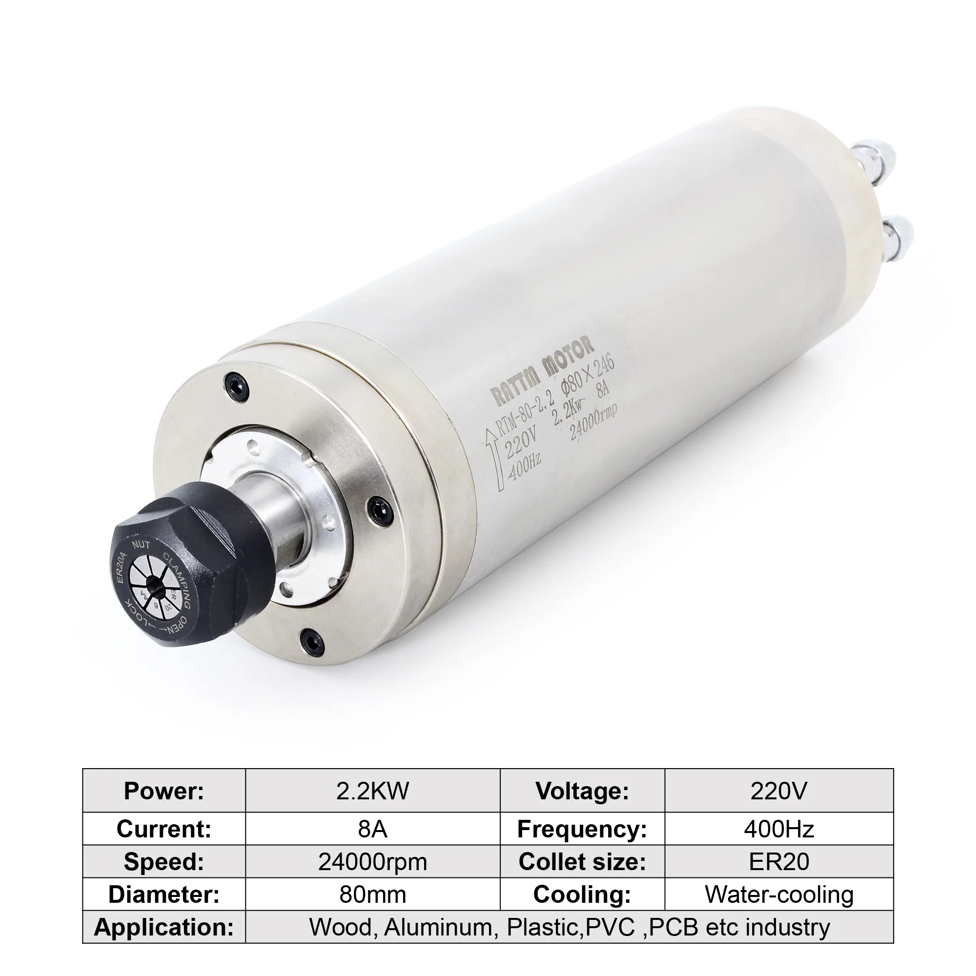 Waterproof 2200W CNC Spindle Motor 220v ER20 2.2kw Round Water Cooling Spindle 24000RPM +2.2kw VFD 48-63hz+Water Pump+80mm Clamp