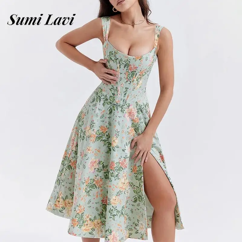 

Sexy Off Shoulder Sleeveless Suspenders Dress Women Elegant Flower Print Slim Midi Dress Fashion Backless Pleated Evening Dress