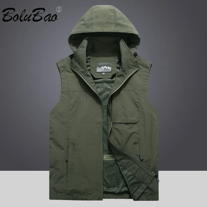 

BOLUBAO 2024 Outdoor Casual Vest For Men Solid Color Big Pocket Hooded Coat High Quality Design Selling Casual Vest For Men