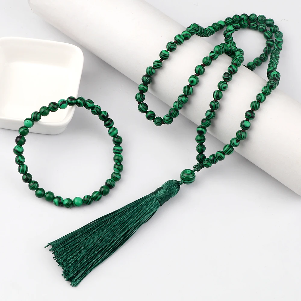 

Green Malachite Beads Bracelet & Necklace Set For Women 108 Mala Handmade Knotted Tassel Necklace Meditation Prayer Jewelry Gift
