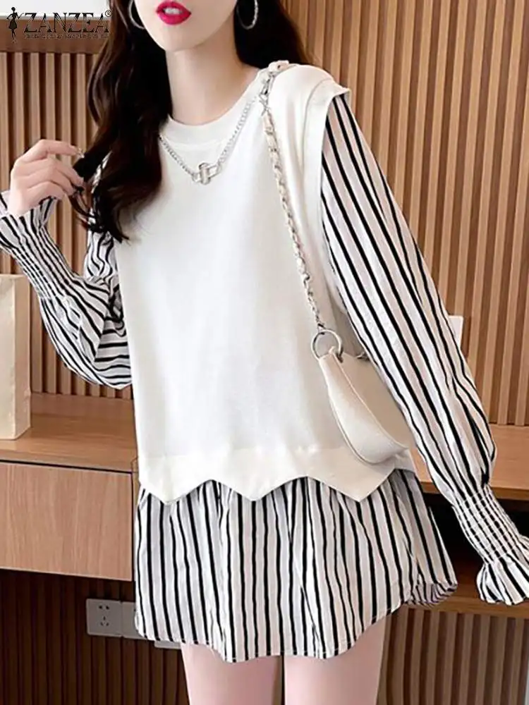 

ZANZEA 2024 Spring Loose Fake 2pcs Tops Women Long Sleeve Blouse Fashion Striped Patchwork Pleated Shirt Casual Irregular Tunics