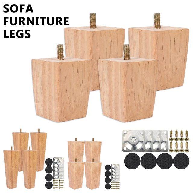 Patas de madera natural para muebles, juego de 4 pies cuadrados para sofá,  para camas, mesas de café, sillas, puede aumentar la altura de los muebles