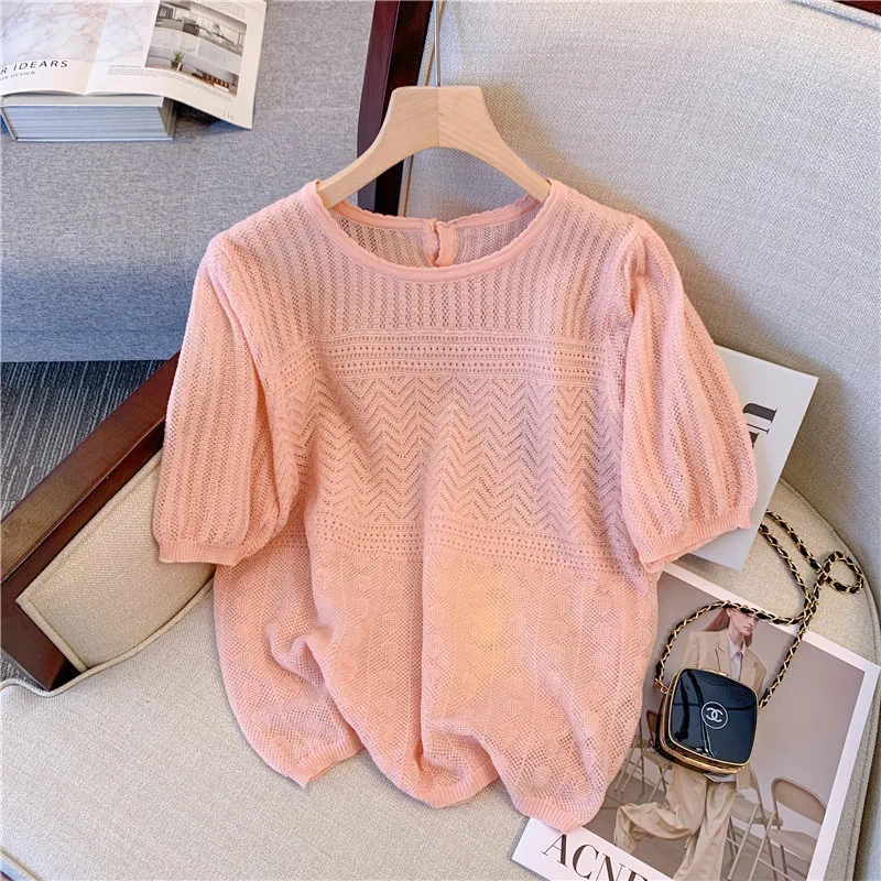 

Slimming Lace Knitwear Short Sleeve Female 2024 Summer New Chic Unique Design Sense Niche Top