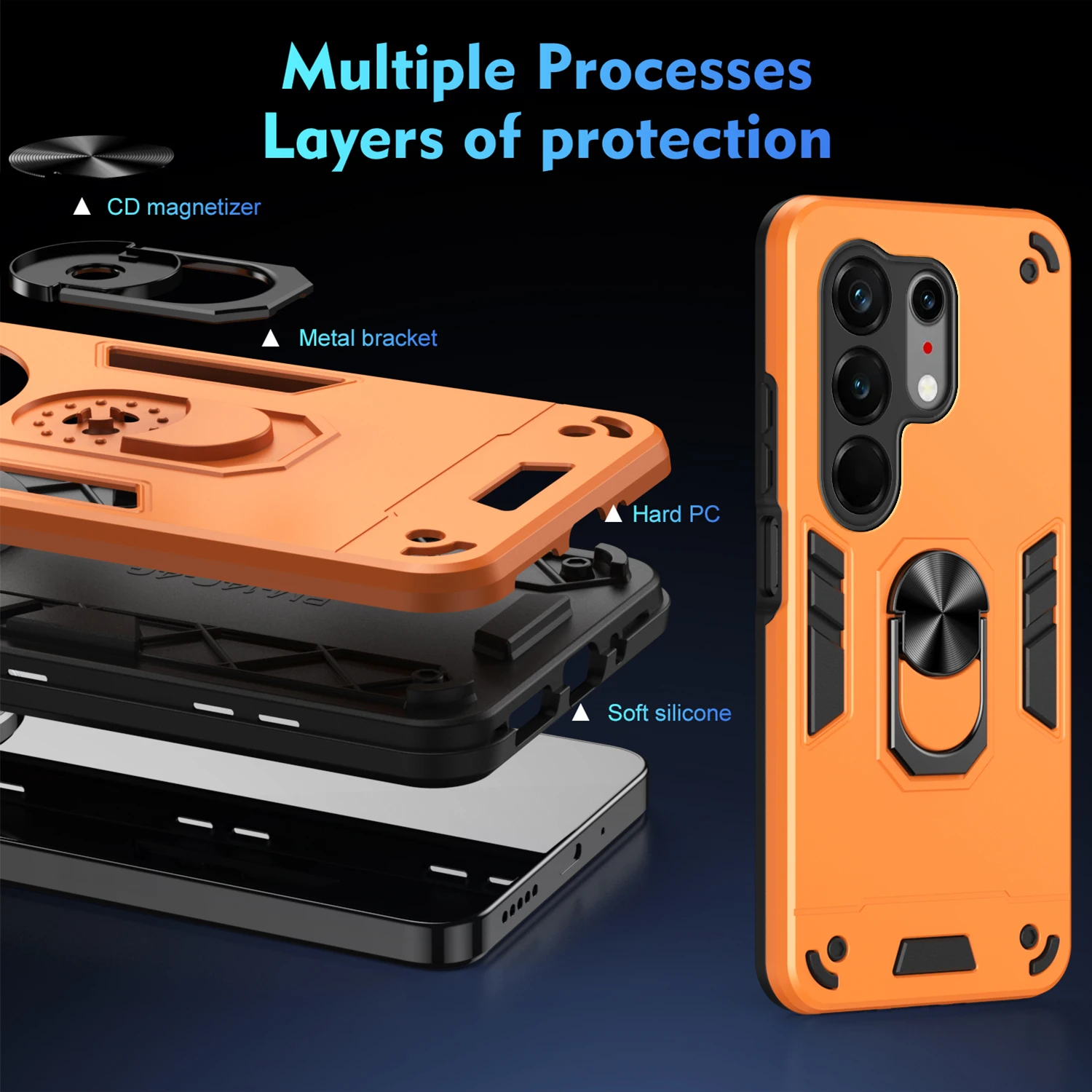 Rugged Armor Shockproof Phone Case with Magnetic Ring Holder and TPU Frame