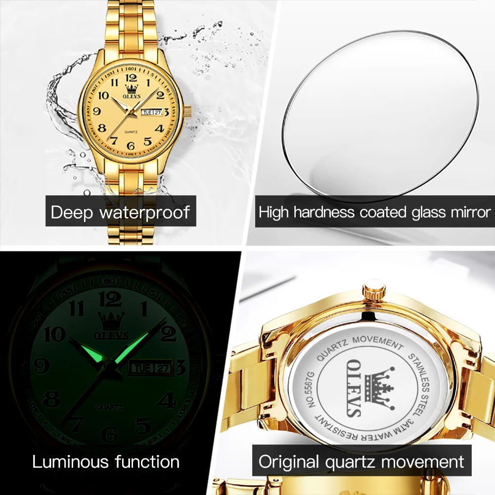 OLEVS Brand Luxury Gold Quartz Watch for Womens Stainless Steel Waterproof Week Date Elegant Women Dress Watch Reloj Hombre