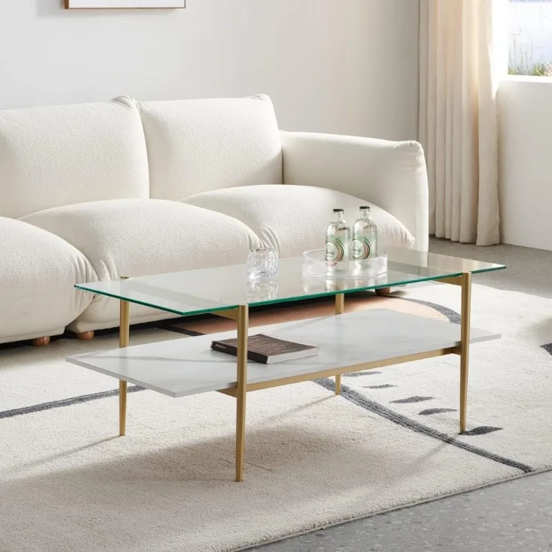 Tadio Glass Coffee Table, Double Layer Glass Coffee Table for Living Space,  Ultra Clear Glass Top,L41"x W21"x L17" 3