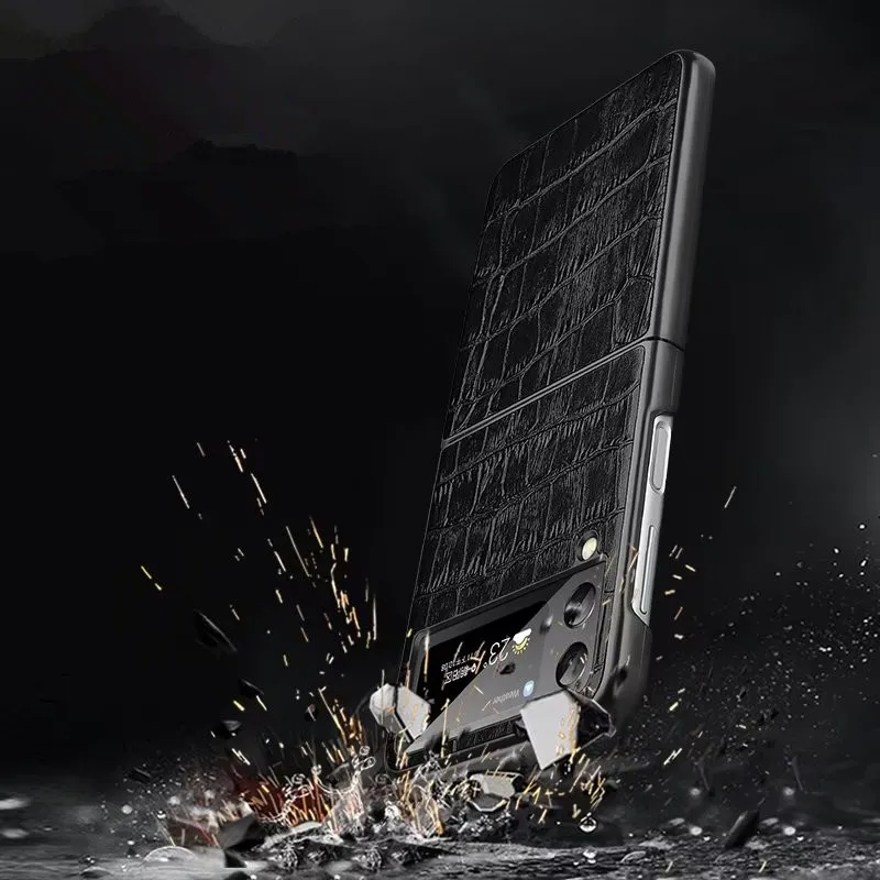 Genuine Cowhide Leather Case For Samsung Galaxy Z Flip 5 4 3 Flip4 Crocodile Pattern Alligator Skin Texture Shockproof Cover