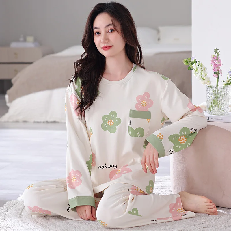 Spring Autumn Women's Pure Cotton Pajamas Round Neck Long Sleeve Pullover Pants Loose Casual Comfortable Home Clothing Set