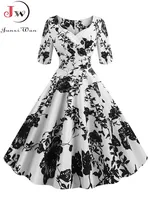 Half Sleeve Black Summer Women Dress Floral Print Vintage Party Dresses Robe Casual Retro A-Line Vestidos 1