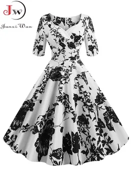 Half Sleeve Black Summer Women Dress Floral Print Vintage Party Dresses Robe Casual Retro A-Line Vestidos 1