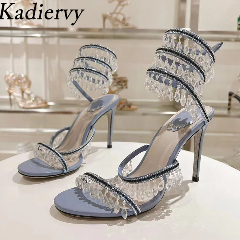Sexy High Heels Sandals Woman Crystal Pendant Snake Twine Around Twine Ankle Strap Party Shoes Summer Gladiator Sandals Women
