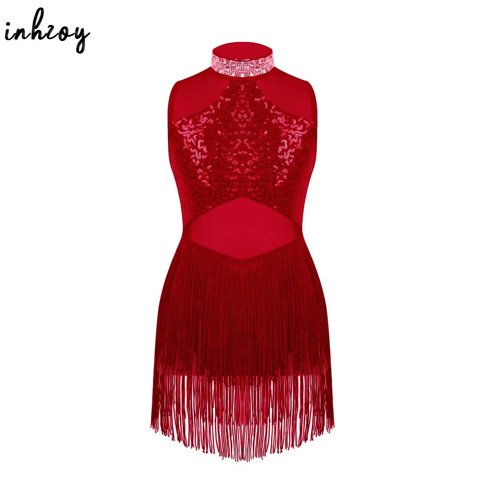 Latin Dance Dress for Girls Glitter Sequins Sheer Mesh Tassel Hem Modern Jazz Dancewear Ballet Leotard Skating Dancing Costume dance dress