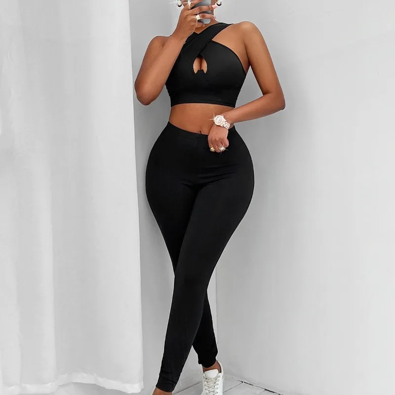 Women's Casual Solid Sports Cross Collar Off Waist Top & Pants Set 2024 Summer New Female Fashion Slim Sporty Trousers Sets 2PCS women streetwear cut out hollow out criss cross straight flare denim pants 2023 ins female fashion wide leg jeans trousers