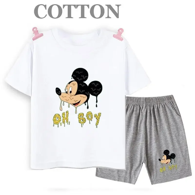 thumbnail image 1 of Conjunto de pantalones cortos de manga corta de verano para niños, camiseta de dibujos animados de Disney Mickey y pantalones, conjunto de 2 piezas, ropa linda para niñas y niños pequeños, 1 of 5